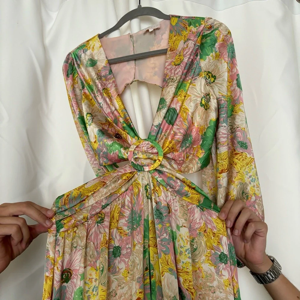 Pink and Green Floral Print Satin Cut Out Open Back Maxi Dress Size Medium - Picture 8 of 9